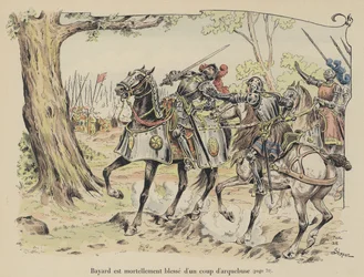 Der Chevalier de Bayard tödlich verwundet durch eine Arkebuskugel in der Schlacht von Sesia, Italien, 1524